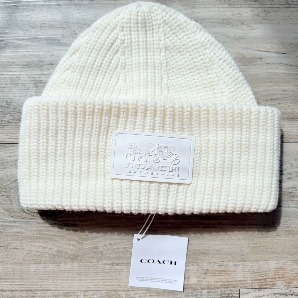 Coach NWT Patch Beanie Chalk White Ribbed Knit Logo Cuff Winter Hat